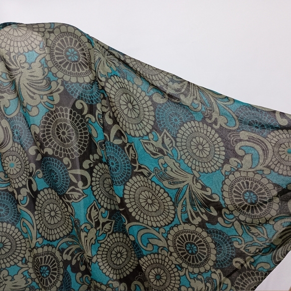 2/$30 Tramp Blue and Brown Asymmetrical Blouse with Notched Collar (#1,072) - Picture 7 of 8